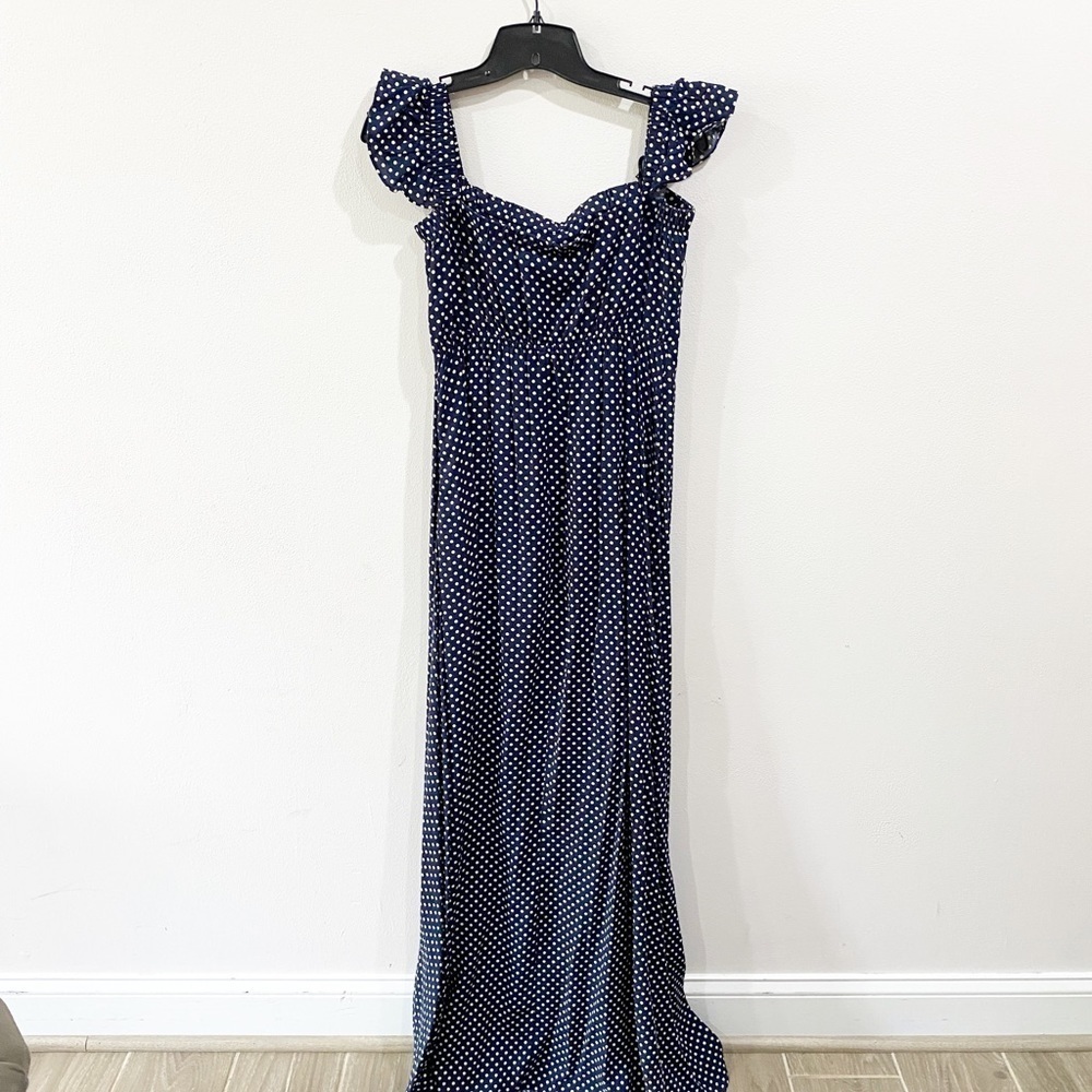 Lulu's Navy Polka Dot Off-Shoulder Maxi Dress - Picture 7 of 11
